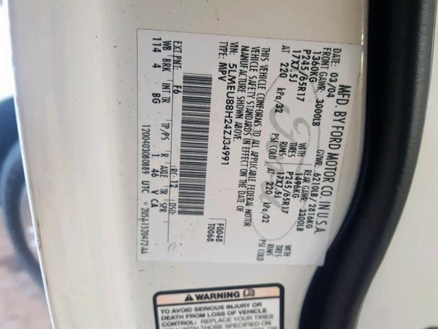 5LMEU88H24ZJ34991 - 2004 LINCOLN AVIATOR 白色 照片 10