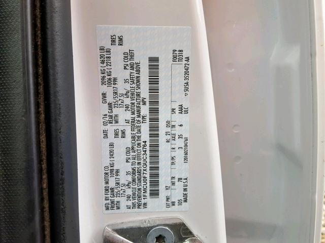 1FMCU0F7XGUC34764 - 2016 FORD ESCAPE S WHITE photo 10