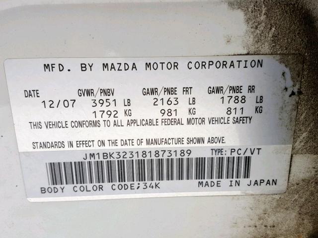 JM1BK323181873189 - 2008 MAZDA 3 S WHITE photo 10