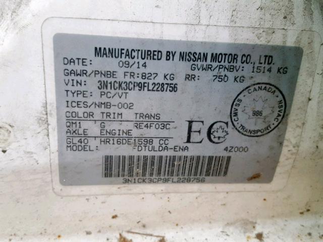 3N1CK3CP9FL228756 - 2015 NISSAN MICRA WHITE photo 10