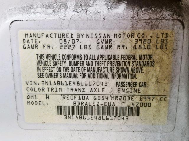 3N1AB61E48L617043 - 2008 NISSAN SENTRA 2.0 WHITE photo 10