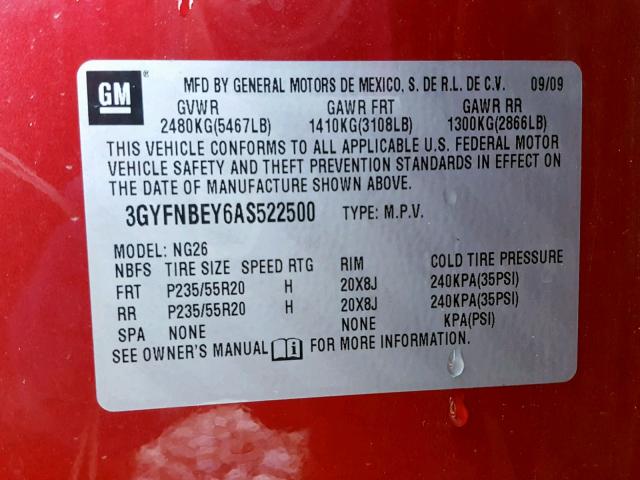 3GYFNBEY6AS522500 - 2010 CADILLAC SRX PERFOR RED photo 10