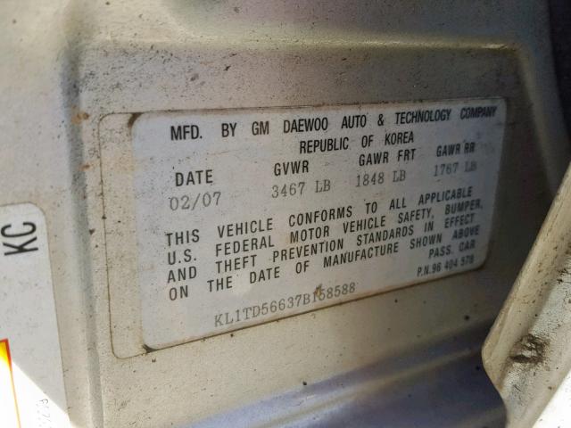 KL1TD56637B158588 - 2007 CHEVROLET AVEO BASE ვერცხლისფერი ფოტო 10