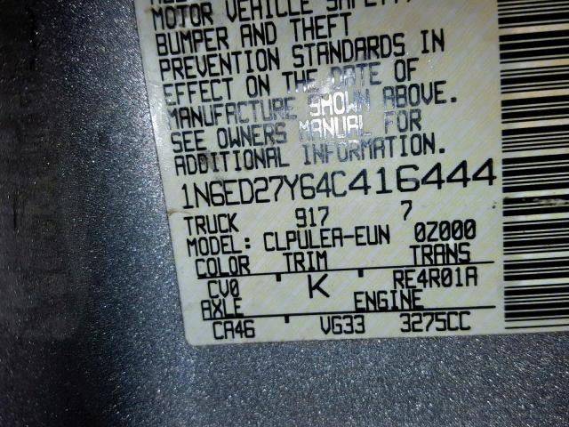 1N6ED27Y64C416444 - 2004 NISSAN FRONTIER C GRAY photo 10