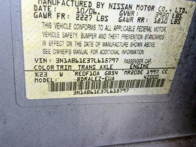 3N1AB61E37L615797 - 2007 NISSAN SENTRA 2.0 SILVER photo 10