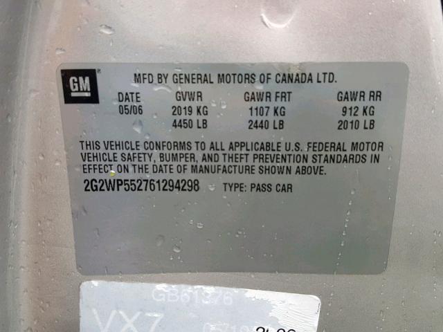 2G2WP552761294298 - 2006 PONTIAC GRAND PRIX SILVER photo 10