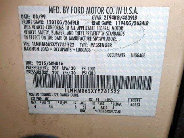 1LNHM86SXYY781522 - 2000 LINCOLN LS CREAM photo 10
