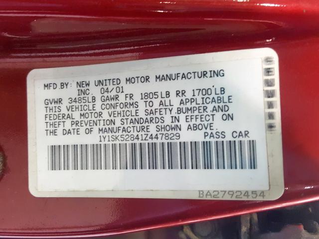 1Y1SK52841Z447829 - 2001 CHEVROLET GEO PRIZM 红色 照片 10