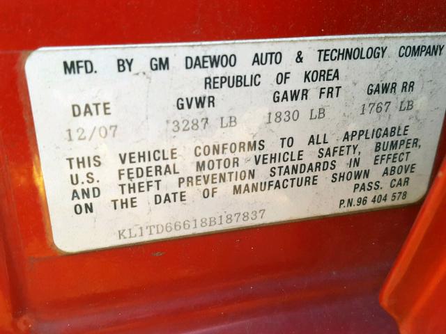 KL1TD66618B187837 - 2008 CHEVROLET AVEO BASE მუქწითელი ფოტო 10