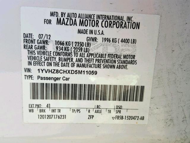 1YVHZ8CHXD5M11059 - 2013 MAZDA 6 GRAND TO WHITE photo 10