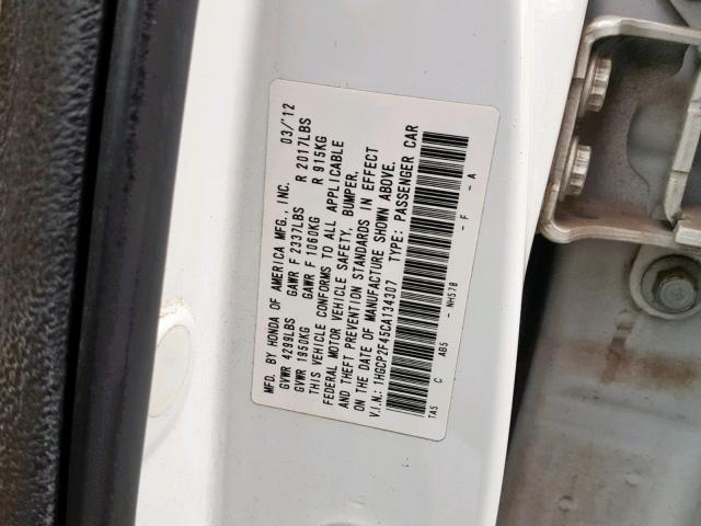 1HGCP2F45CA134307 - 2012 HONDA ACCORD LXP WHITE photo 10