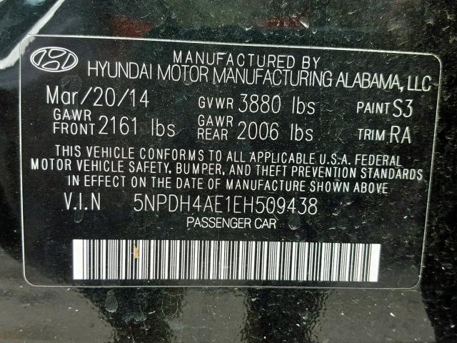 5NPDH4AE1EH509438 - 2014 HYUNDAI ELANTRA SE BLACK photo 10