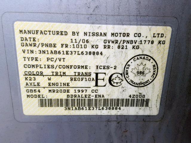 3N1AB61E37L638884 - 2007 NISSAN SENTRA 2.0 SILVER photo 10