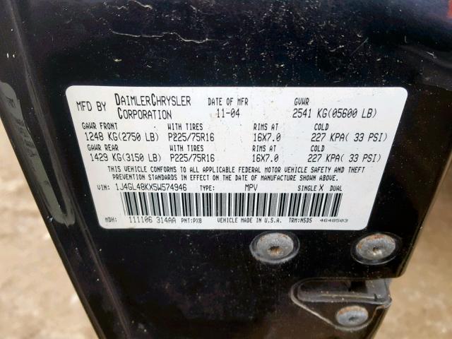 1J4GL48KX5W574946 - 2005 JEEP LIBERTY SP BLACK photo 10