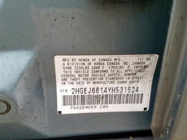 2HGEJ6614YH531524 - 2000 HONDA CIVIC BASE Mavi foto 10