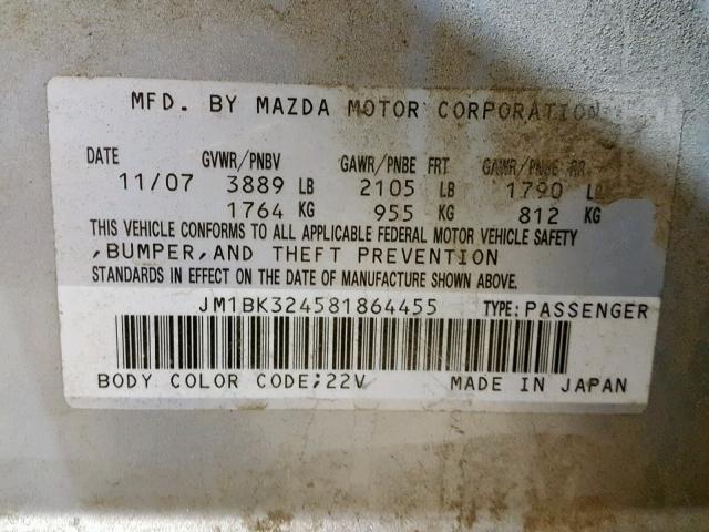 JM1BK324581864455 - 2008 MAZDA 3 S SILVER photo 10