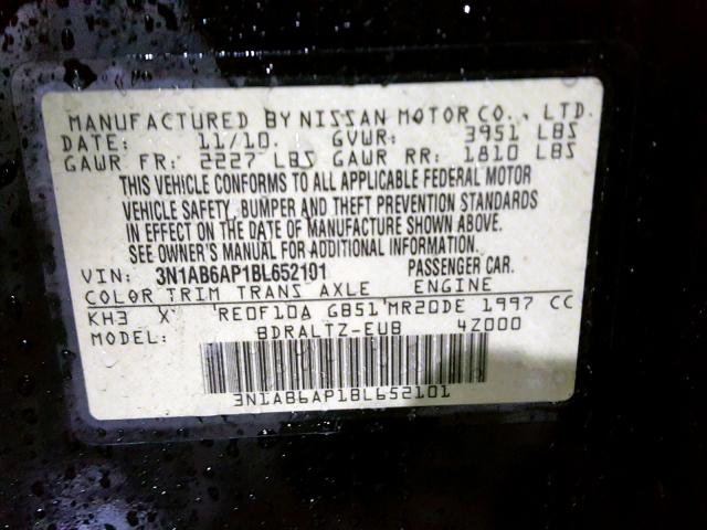 3N1AB6AP1BL652101 - 2011 NISSAN SENTRA 2.0 BLACK photo 10