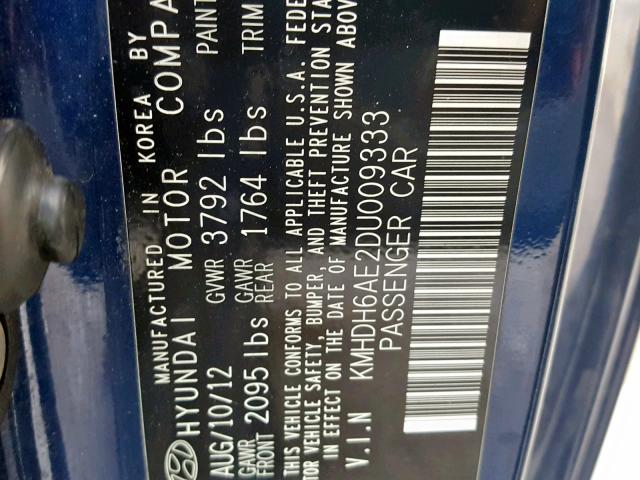 KMHDH6AE2DU009333 - 2013 HYUNDAI ELANTRA CO BLUE photo 10