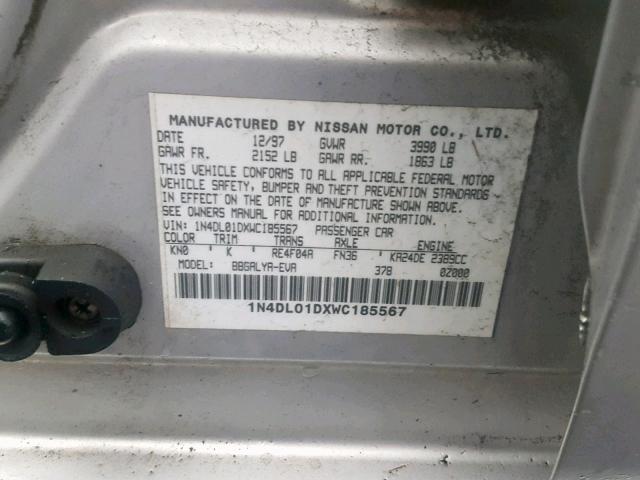 1N4DL01DXWC185567 - 1998 NISSAN ALTIMA XE SILVER photo 10