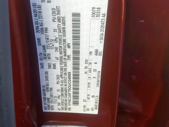 1FMCU0F70GUC04589 - 2016 FORD ESCAPE S RED photo 10