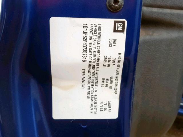 1G1JF52F437357316 - 2003 CHEVROLET CAVALIER L BLUE photo 10