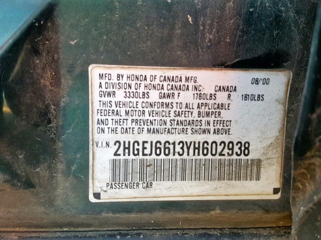 2HGEJ6613YH602938 - 2000 HONDA CIVIC BASE Yaşıl foto 10