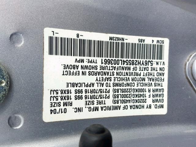 5J6YH28554L003661 - 2004 HONDA ELEMENT EX SILVER photo 10