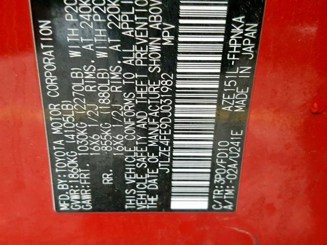 JTLZE4FE9DJ031982 - 2013 TOYOTA SCION XB Қызыл фото 10