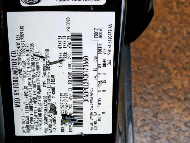 3FADP0L39CR173660 - 2012 FORD FUSION HYB BLACK photo 10