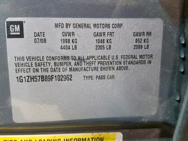 1G1ZH57B89F102962 - 2009 CHEVROLET MALIBU 1LT GRAY photo 10