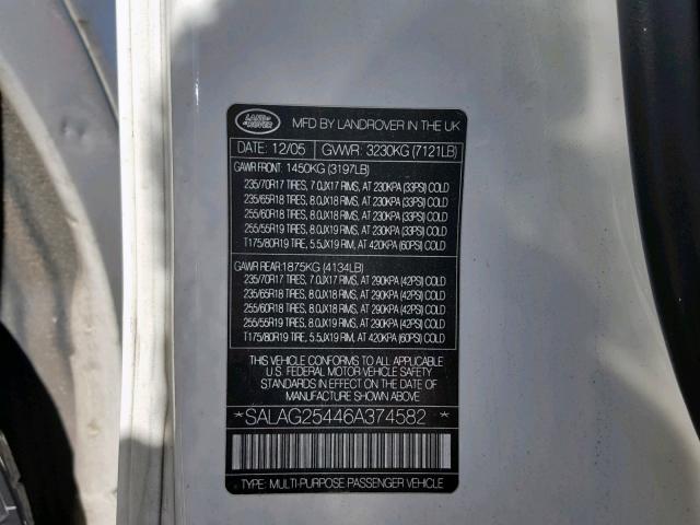 SALAG25446A374582 - 2006 LAND ROVER LR3 HSE WHITE photo 10