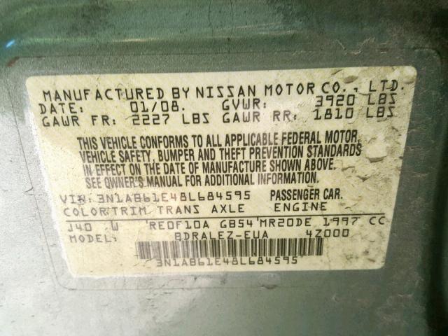 3N1AB61E48L684595 - 2008 NISSAN SENTRA 2.0 GREEN photo 10