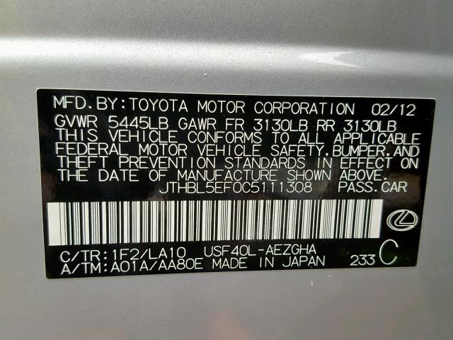 JTHBL5EF0C5111308 - 2012 LEXUS LS 460 SILVER photo 10