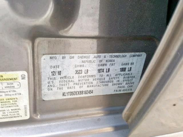 KL1TD5DEXBB182454 - 2011 CHEVROLET AVEO LS GRAY photo 10