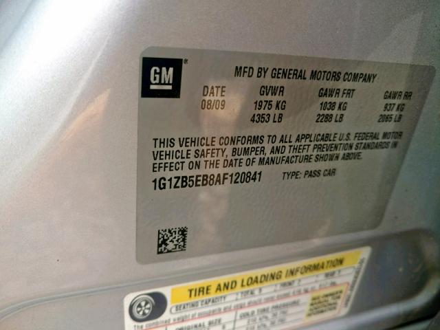 1G1ZB5EB8AF120841 - 2010 CHEVROLET MALIBU LS ვერცხლისფერი ფოტო 10