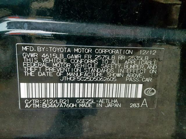 JTHCF5C25D5062605 - 2013 LEXUS IS 250 BLACK photo 10