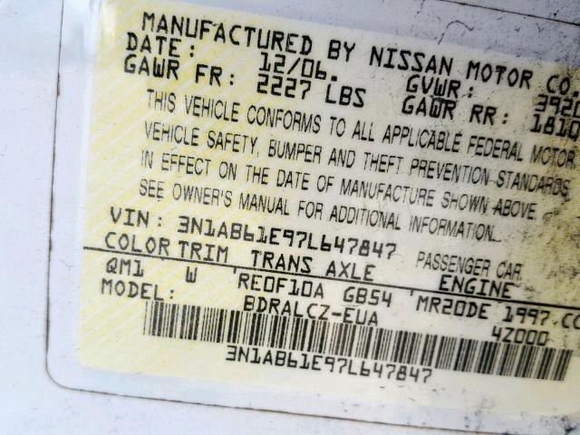 3N1AB61E97L647847 - 2007 NISSAN SENTRA 2.0 WHITE photo 10