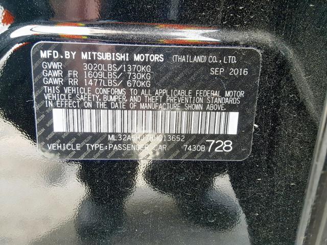 ML32A5HJ7HH013652 - 2017 MITSUBISHI MIRAGE GT BLACK photo 10