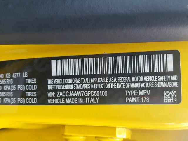 ZACCJAAW7GPC55106 - 2016 JEEP RENEGADE S 黄色 照片 10