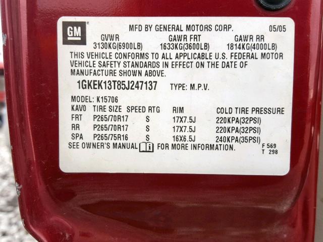 1GKEK13T85J247137 - 2005 GMC YUKON MAROON photo 10