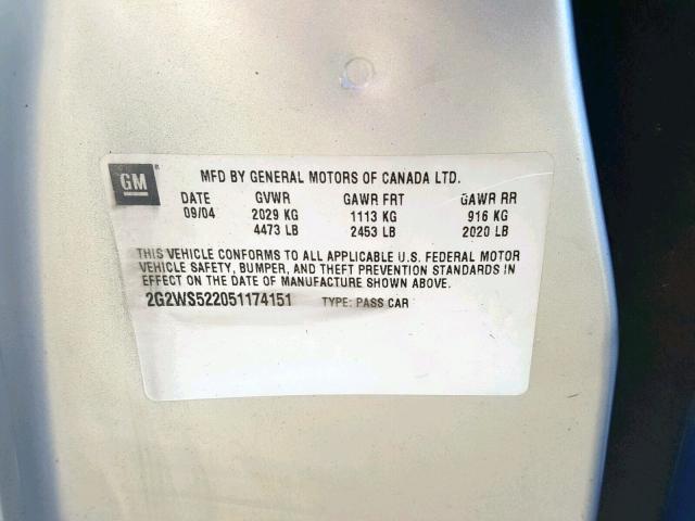 2G2WS522051174151 - 2005 PONTIAC GRAND PRIX SILVER photo 10