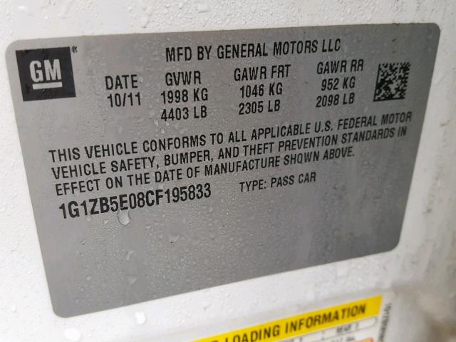 1G1ZB5E08CF195833 - 2012 CHEVROLET MALIBU LS თეთრი ფოტო 10