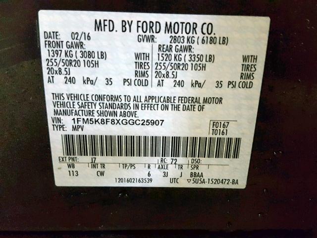 1FM5K8F8XGGC25907 - 2016 FORD EXPLORER L GRAY photo 10