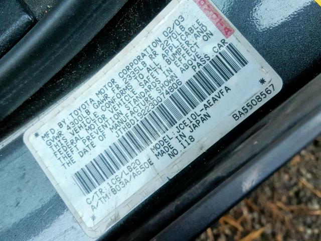 JTHBD192230074806 - 2003 LEXUS IS 300 GRAY photo 10