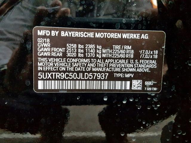 5UXTR9C50JLD57937 - 2018 BMW X3 XDRIVE3 BLACK photo 10