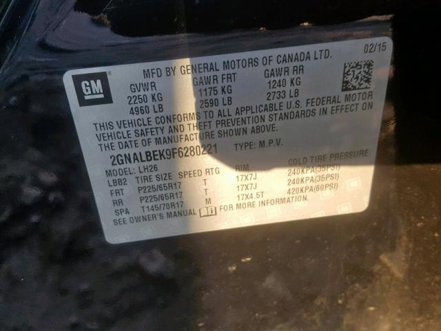 2GNALBEK9F6280221 - 2015 CHEVROLET EQUINOX LT BLACK photo 10