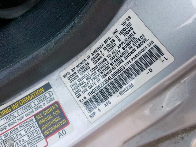 1HGEM22354L008663 - 2004 HONDA CIVIC DX V SILVER photo 10