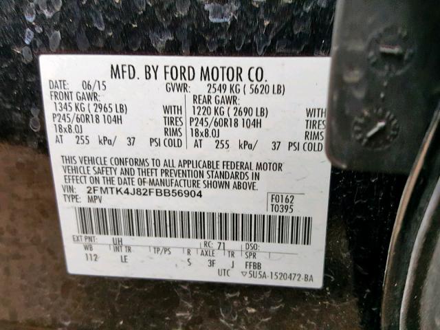 2FMTK4J82FBB56904 - 2015 FORD EDGE SEL BLACK photo 10