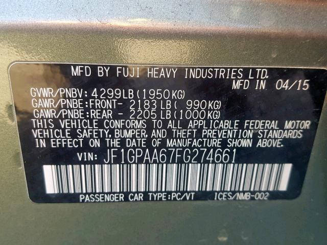 JF1GPAA67FG274661 - 2015 SUBARU IMPREZA BA GREEN photo 10