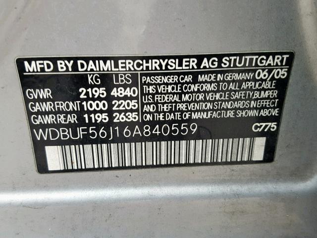 WDBUF56J16A840559 - 2006 MERCEDES-BENZ E 350 GRAY photo 10